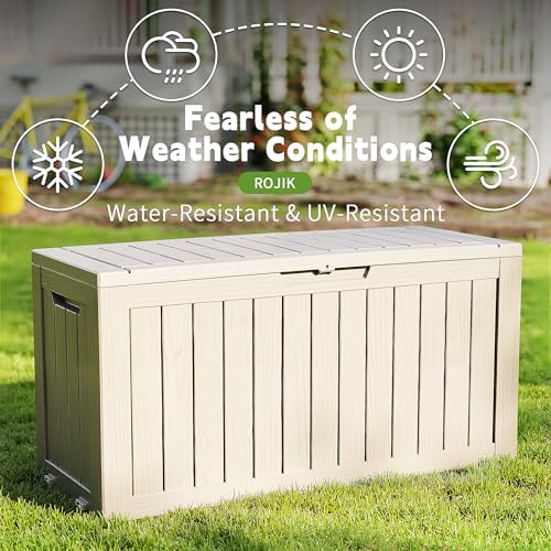 ROJIK Outdoor Storage Housing Deck Box - Waterproof Patio Furniture, Garden Tools, Cushions, Pool Accessories Storage Bench with Lockable Lid and Side Handles (Grey 90 Gal) - Image 6