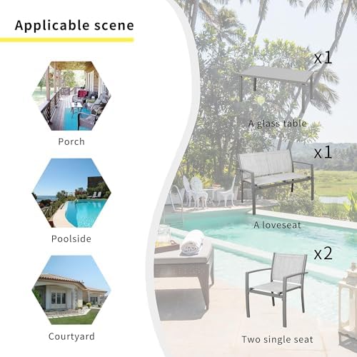 Shintenchi 4 Pieces Patio Furniture Set All Weather Textile Fabric Outdoor Conversation Set, with Glass Coffee Table, Loveseat, 2 Single Chairs for Home, Garden, Lawn, Porch（Silver） - Image 5