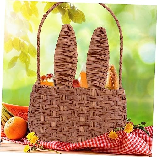 Brown Imitated Rattan Woven Picnic Basket, PVC Iron Frame Handheld Storage - Image 7