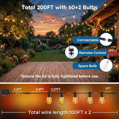 GvvooHome 200FT Outdoor String Light with S11 Plastic Bulbs, Low-Voltage LED Patio Light with App & Remote, Music Sync, 4 Lighting Modes, Dimmable & Waterproof for Backyard, Porch, Garden, Deck, Party - Image 7