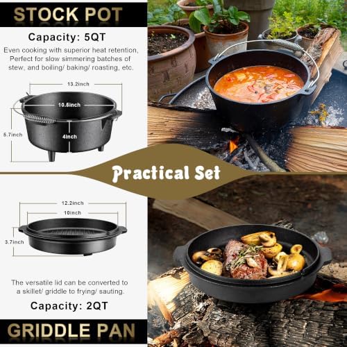Joyfair Pre-seasoned Cast Iron Camp Dutch Oven, 5QT Pot & 2QT Skillet Lid - Image 4