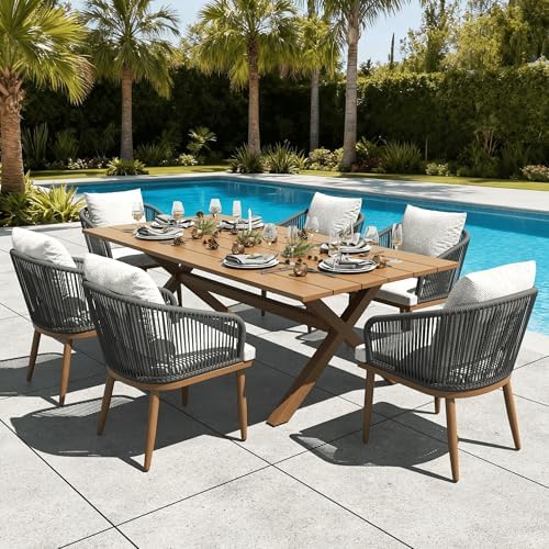 LayinSun 7 Pieces Outdoor Patio Dining Set, Aluminium Rectangular Dining Table and Wicker Rattan Chairs Set for Outside Backyard, Poolside by LayinSun
