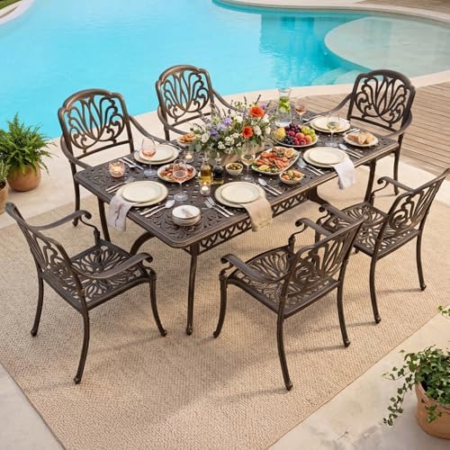 VINGLI 7-Piece Outdoor Dining Set, Cast Aluminum Patio Furniture Set for 6 with Umbrella Hole, Rectangular Outdoor Dining Table & 6 Stackable Chairs, All-Weather Garden/Poolside Dining Set Bronze - Image 2