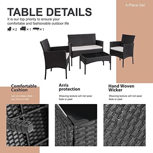 Shintenchi 4 Piece Outdoor Patio Furniture Sets, Small Wicker Patio Conversation Furniture Rattan Chair Set with Tempered Glass Coffee Table for Backyard Porch Garden Poolside Balcony,Black - Image 6