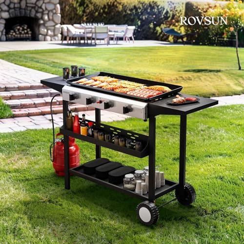 ROVSUN 4 Burner Portable Propane Griddle with Electronic Ignition, 40000 BTU Rolling Flat Top Gas Grill with Nonstick Enameled Tray, Side Shelves & Regulator for Outdoor Cooking Camping BBQ Tailgating - Image 7