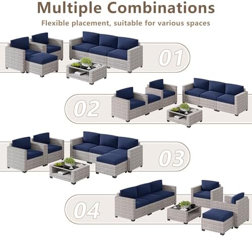 LOUVIXA 7 Piece Outdoor Patio Furniture Set, Rattan Chairs Glass Table Wicker Conversation Seating Sectional Sofa with Cushions (Grey White-Navy, 7Pcs-2 Layer Coffee Table) - Image 3