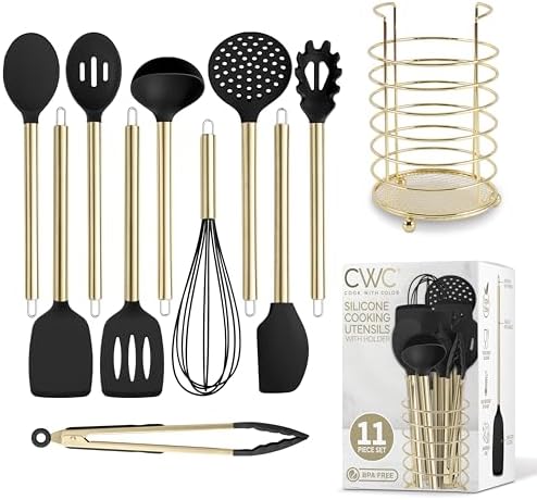 COOK WITH COLOR Silicone Cooking Utensils, Kitchen Utensil Set, Easy to Clean Silicone Kitchen Utensils, Cooking Utensils for Nonstick Cookware, Kitchen Gadgets Set with Holder, 11 Pieces by CookwithColor