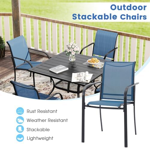 VICLLAX 5 Pieces Patio Dining Set, Outdoor Furniture Set Includes 41.2" Round Patio Table and 4 Patio Sling Chairs, Black Tabletop and Blue Fabric - Image 5
