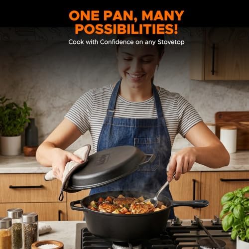 KICHLY Combo Cooker Cast Iron Dutch Oven 3.2QT with Lid 2 in1 Pre-Seasoned - Image 6