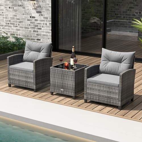 KOTEK 3 Piece Patio Furniture Set, Outdoor PE Rattan Conversation Set with Washable Cushions & Tempered Glass Tabletop, Wicker Chairs and Table Set for Porch, Garden, Balcony (Grey) - Image 2