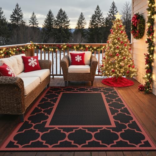 GENIMO Outdoor Rug, Waterproof Plastic Rugs for Patio, 6'x9' Black Red by GENIMO