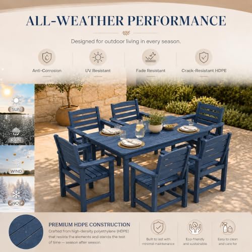 7 Pcs Outdoor Patio Dining Set, HDPE Table & Chairs with Umbrella Hole - Image 7
