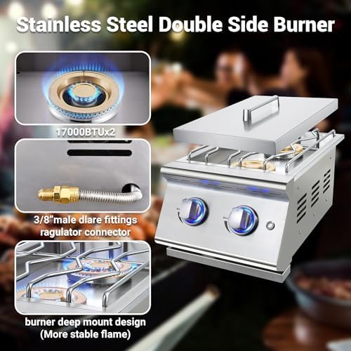 Double Grilling Side Burners for Outdoor Kitchen, 2 * 17,000BTU Liquid Propane Burners, Convertible to Natural Gas, Duty Heavy 304 Stainless Steel, Built-in Side Burner for BBQ Island Grill - Image 3