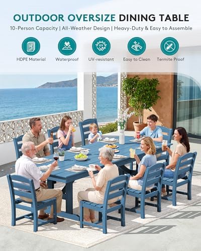 SERWALL 9Pcs 84" HDPE Outdoor Dining Set for 8 with Armless Chairs,Blue - Image 6