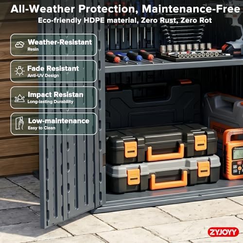 Outdoor Storage Cabinet with 2 Shelves, Waterproof Resin Vertical Tool Shed, Lockable 15 cu. ft. Storage Shed for Patio, Garden, Yard, Grey - Image 4