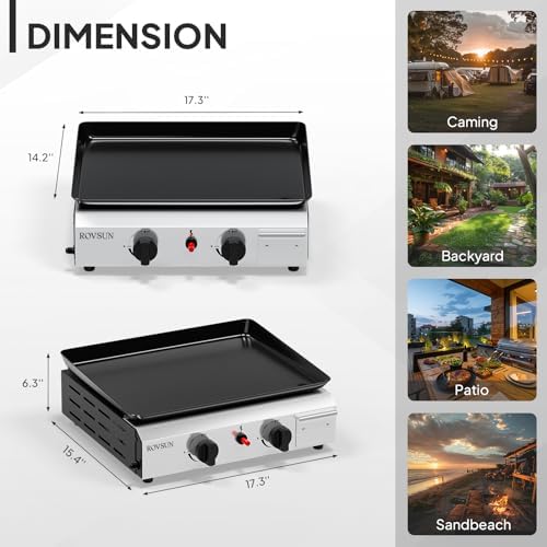 ROVSUN 2 Burner Portable Propane Griddle with Electronic Ignition & Regulator, 20,000 BTU Tabletop Flat Top Gas Grill with Nonstick Enameled Tray for Outdoor Cooking Camping BBQ Tailgating Picnicking - Image 6