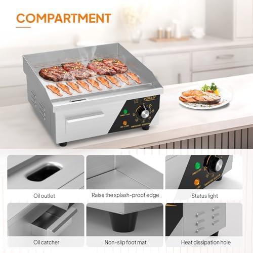 Bonnlo 14 Inch 1500W Commercial Griddle with Stainless Steel Countertop, Flat Griddle, 122-572℉ Adjustable Temp Control of Electric Flat Top Grill for Cheese 、Steak and Egg, Home & Restaurant Use - Image 4