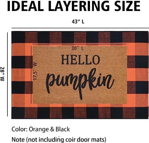 Orange and Black Plaid Rug, 28'' x 43'' Fall Outdoor Front Door Decor Mat, Cotton Washable Hand-Woven Rug for Layered Doormat, Autumn Halloween Thanksgiving Carpet for Porch, Entryway - Image 2