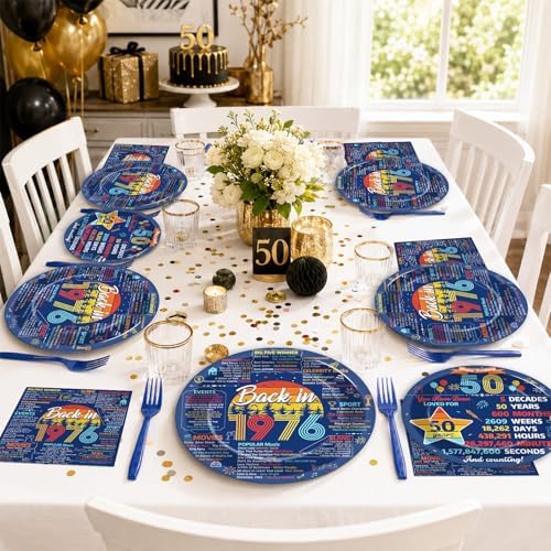 96Pcs Vintage 50th Party Paper Plates and Napkins 50th Birthday Party Decorations Blue Back in 1976 Paper Plates Cheers to 50 Years Disposable Tableware for Women Men Birthday Gatherings Decorations - Image 6