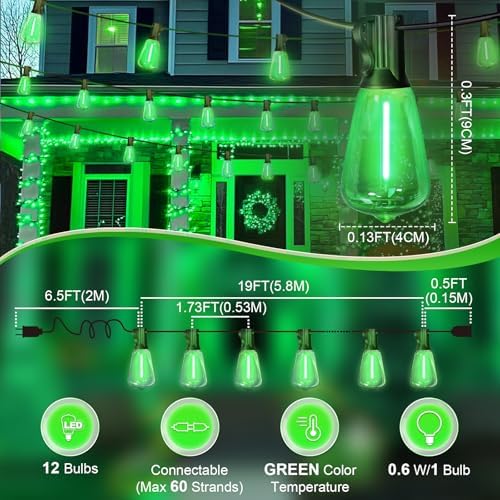 LAMPHOME 26Ft ST38 Outdoor String Lights, Green St Patrick's Day Patio Lights with 12+1 ST38 Edison Bulbs, LED Shatterproof String Lights for Outside Bistro Christmas Patio Party Decorations - Image 5