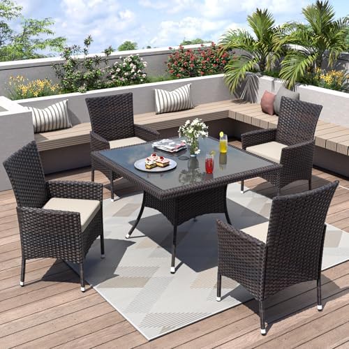 ALAULM 5 Piece Patio Dining Set All-Weather Wicker Outdoor Furniture Set w/Tempered Glass Tabletop, Removable Cushions and Umbrella Hole for Patio, Backyard, Garden, Poolside（Brown） by ALAULM