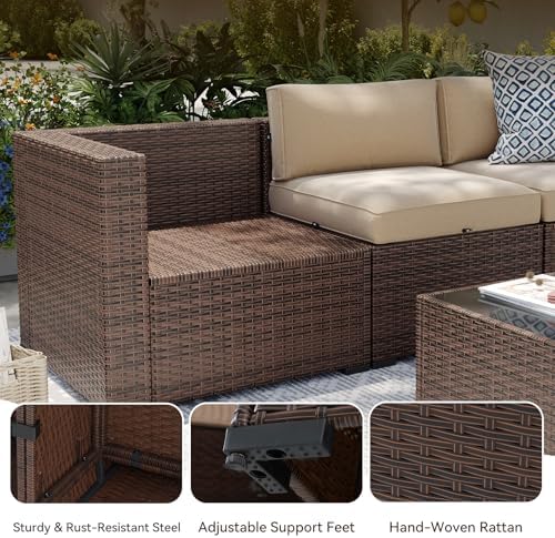 Aoxun Patio Furniture Sets, 7-Piece Outdoor Patio Furniture with Thick Cushions, Wicker Outdoor Conversation Set Sectional Sofa for Backyard, Poolside, Garden(Cream-Browm, 7 x 25.6 - Seats) - Image 6