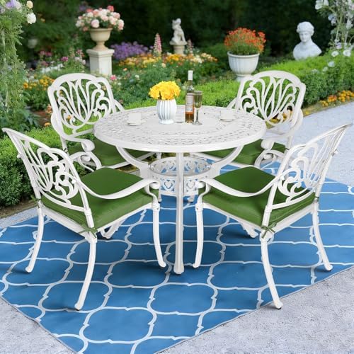 MEETWARM 5 Piece Patio Dining Set, Outdoor All-Weather Cast Aluminum Dining Table Set, Patio Furniture Set for Backyard Garden Deck, Include 4 Chairs, 4 Cushions and 1 Round Table, White by MEETWARM