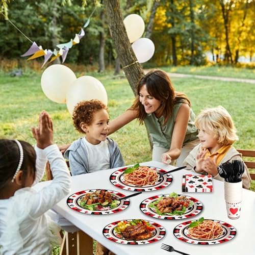 144 Pcs Casino Tableware Set for 24 Guests, Heavy-Duty 7" & 9" Paper Plates, Cups, 2-Ply 13" Napkins & Plastic Forks, Disposable Party Supplies for Casino Vegas Game Night and Poker Party - Image 5