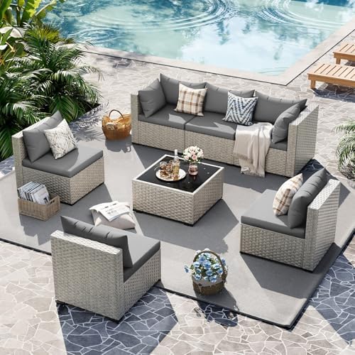 UDPATIO Outdoor Patio Furniture Set 7 Pcs Wicker Sectional Sofa Grey - Image 6