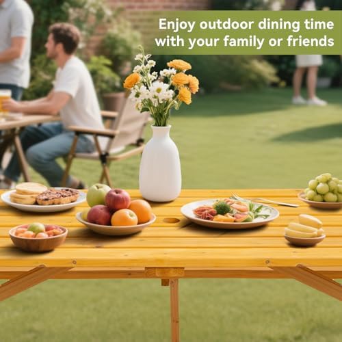 75" Rectangular Outdoor Picnic Table with Built-in Benches & Umbrella Hole,8-Person Heavy-Duty Solid Wood Dining Table,2220lb Capacity Natural for Camping, Garden & BBQ Social Events - Image 7