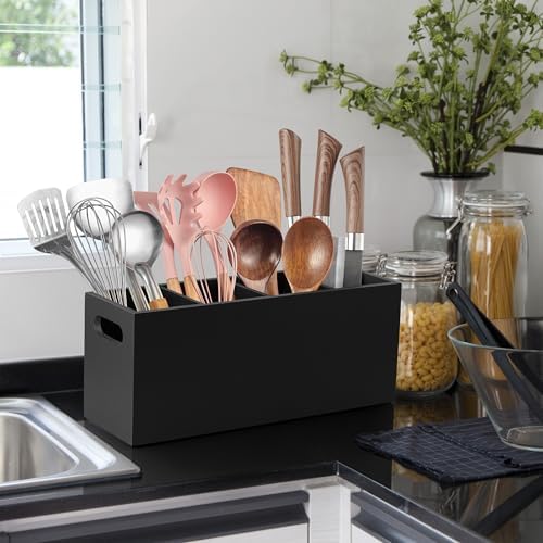 ALELION Large Utensil Holder with Removable Divider - 4 Compartment Wooden Utensil Caddy Organizer for Kitchen Counter - Black Cooking Utensil Crock for Countertop - Image 3
