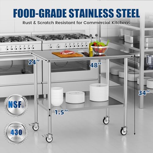 Stainless Steel Work Table with Wheels, 24x48 Inch NSF Kitchen Prep Table with Adjustable Undershelf for Commercial Restaurant, Garage, Outdoor BBQ - Image 3