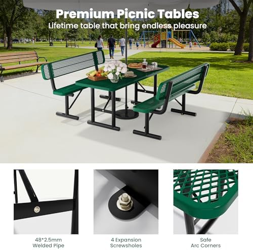 6FT Metal Picnic Tables for Outdoors, Commercial Rectangular Picnic Table for Outside, Park, Campfield, Patio, Garden, Yard, Thermoplastic Coating, Surface Mounted, Green - Image 5