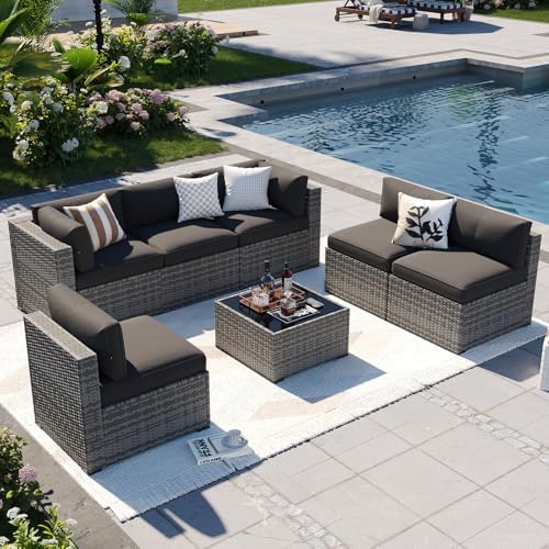 Aoxun Patio Furniture Sets, 7-Piece Outdoor Patio Furniture with Thick Cushions, Wicker Outdoor Conversation Set Sectional Sofa for Backyard, Poolside, Garden (Black-Grey, 7 x 25.2 - Seats) by Aoxun