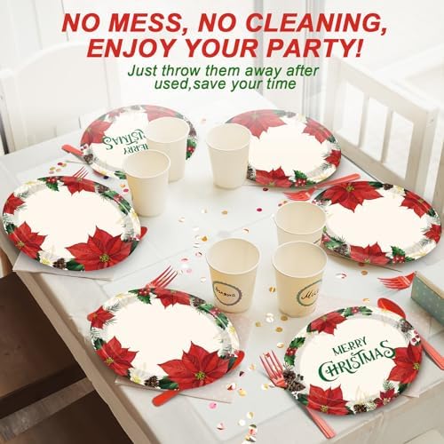 50 PCS Christmas Oval Paper Plates Large 11” Disposable Poinsettias Theme Party Decorations Winter Floral Supplies Favor for Merry Christmas Dinner Heavy Duty Dish Platter Birthday Party Tableware Set - Image 7