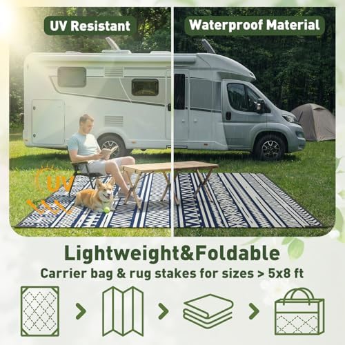 MontVoo-Outdoor Rug Carpet Waterproof 5x8 ft Reversible Patio Rug RV Camping Rug-Plastic Straw Rug Outside Indoor Outdoor Area Rug for Patio Deck Balcony Picnic Beach Outdoor Decor Boho Navy Blue - Image 6