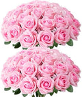 50Pcs Pink Roses Artificial Flowers with Stems，Fake Roses Bouquet Fake Flowers Bulk，Silk Velvet Roses for Wedding Centerpieces Arrangement Baby Shower Birthday Home Decor Gifts by Cherica