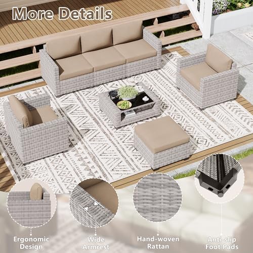 LOUVIXA 7 Piece Outdoor Patio Furniture Set, Rattan Chairs Glass Table Wicker Conversation Seating Sectional Sofa with Cushions (Grey White-Camel, 7Pcs-2 Layer Coffee Table) - Image 6