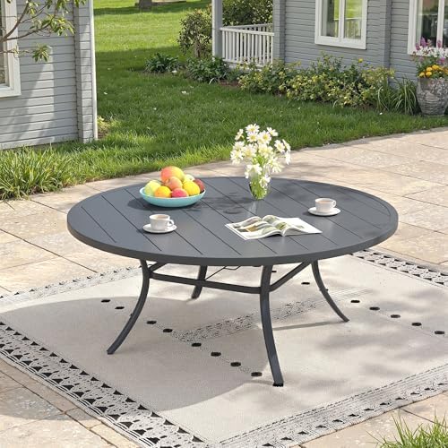 Outdoor Dining Table for 8, 60" Round Outdoor Table with Adjustable Umbrella Hole, All-Weather Metal Patio Dining Table for Lawn Garden Backyard Deck, Dark Grey by ProvideOutdoorSolutions