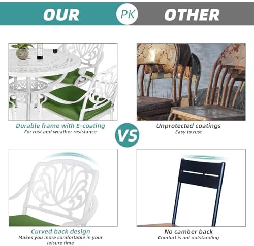 MEETWARM 5 Piece Patio Dining Set, Outdoor All-Weather Cast Aluminum Dining Table Set, Patio Furniture Set for Backyard Garden Deck, Include 4 Chairs, 4 Cushions and 1 Round Table, White - Image 4