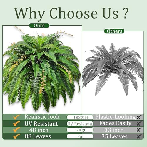 2pcs 48in 88 Blades Artificial Boston Ferns for Outdoors Large, UV Resistant Faux Outdoor Plants,Weatherproof Fake Ferns Plants Outdoor Indoor for Garden Porch Patio Home Decor - Image 5