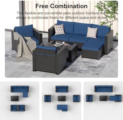 Patio Furniture Set, 7PCS Outdoor Sectional with Ottoman Wicker Rattan Patio Couch with Thickened Cushion Modular Wicker Patio Conversation Set with Glass Top Table for Balcony, Backyard (Dark Blue) - Image 6