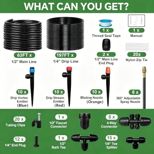 260FT Drip Irrigation System for Garden with 38pcs Adjustable Copper Nozzles & Emitters, Automatic Garden Watering System with 1/2" & 1/4" Tubing for Raised Bed, Yard, Greenhouse, Potted Plants, Lawn - Image 2