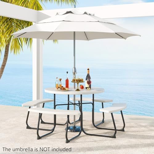 COSTWAY Round Outdoor Picnic Table with Bench Set for 4-8 People (White) - Image 2