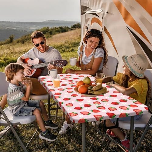Strawberry Picnic Table Cover with Bench Covers and Bag, Camping Essentials, Berry Waterproof Windproof, Fitted Tablecloth Cover with Elastic Edge for Outdoor Garden 3 PCS 30x60 Inch - Image 2