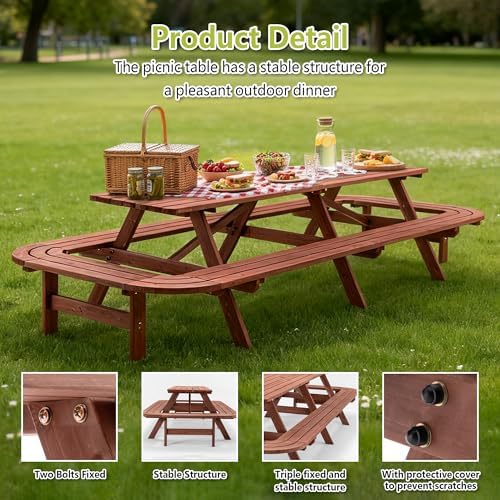 121'' Large Outdoor Dining Table, Rectangular Wooden Patio Dining Table & 2 Built-in Bench for 16, 2" Umbrella Hole, Suitable for Backyard Garden Porch, Brown - Image 4