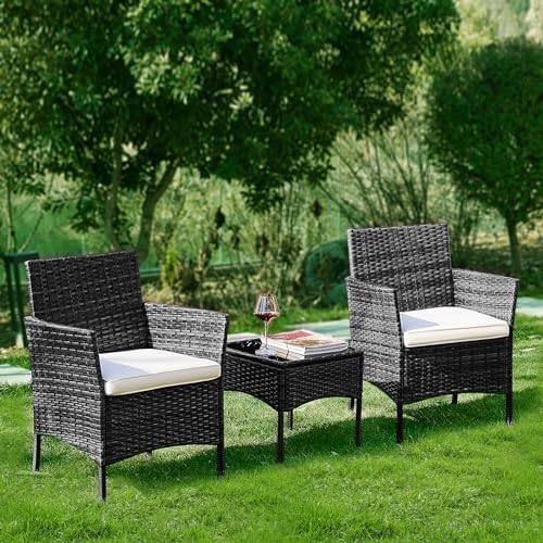 DUMOS 3-Piece Patio Furniture Set, Outdoor Wicker Bistro Set, Black by DumosLifestyle