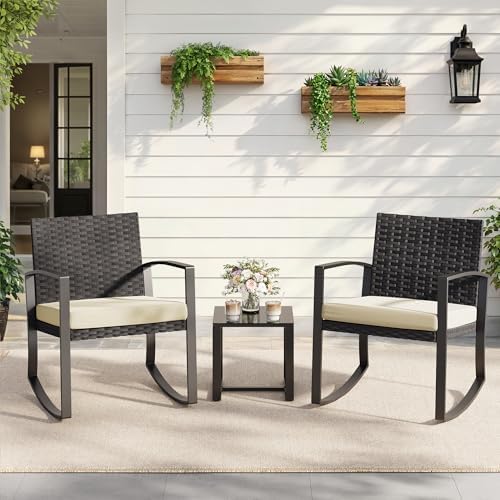 Qsun 3 Pieces Porch Furniture Set Patio Rocking Bistro Set Outdoor Patio Chairs Rattan Conversation Sets with Coffee Table for Front Porch Garden Balcony Backyard Poolside (Beige Cushion) - Image 6