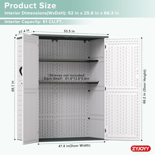 ZYJOYY Outdoor Storage Shed, 59 Cuft Outside Waterproof Storage Cabinet, HDPE Resin Plastic 385 Gallon Outdoor Storage Container, Vertical Lockable Storage Shed (Light Grey, 59 cuft/No Shelves) - Image 2