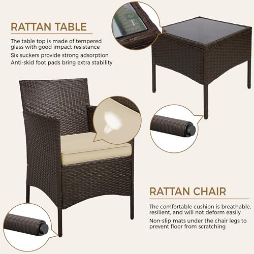 Yaheetech 3 Pieces Patio Porch Furniture Set, Outdoor PE Rattan Wicker Conversation Set with Soft Cushions, Glass Coffee Table & 2 Chairs for Garden/Deck/Courtyard/Poolside, Brown/Khaki - Image 6